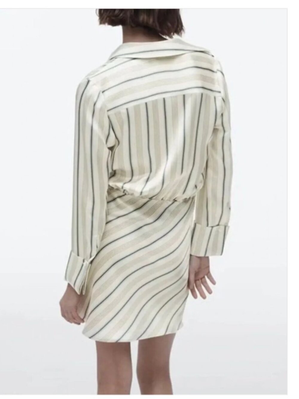 Zara Satin Stripe Shirt Dress Mini Ecru Green Long Sleeve Size M - Picture 3 of 12